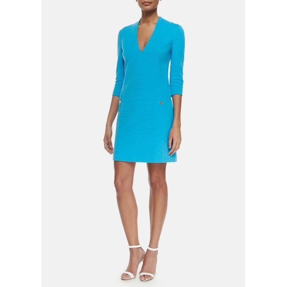 Lilly Pulitzer Shift Dress Women M Blue V-Neck Gold Button Coastal Preppy Office